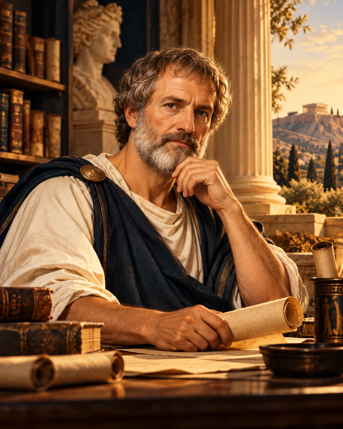 Künstlerische Darstellung des Aristoteles in einer antiken Gelehrtenbibliothek – FFD-Kurs Rhetorik