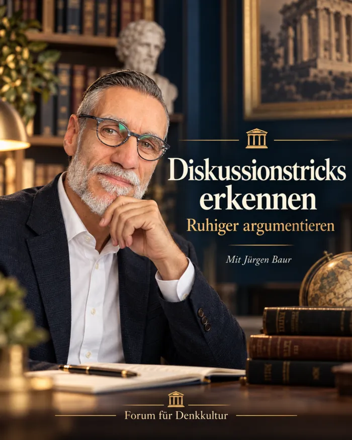 Jürgen Baur in einer Bibliothek – FFD-Motiv Diskussionstricks erkennen und ruhiger argumentieren