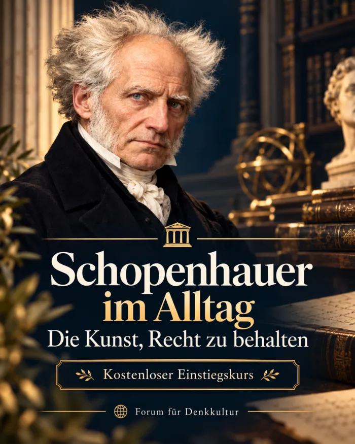 Arthur Schopenhauer in einer Bibliothek – FFD-Poster zum Kurs Schopenhauer im Alltag, Die Kunst, Recht zu behalten