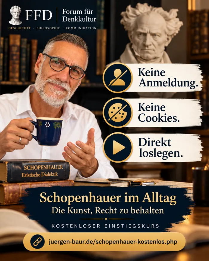 Jürgen Baur mit Schopenhauer-Büste in einer Bibliothek – Motiv zum kostenlosen Kurs Schopenhauer im Alltag