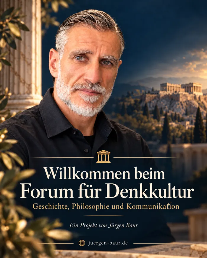 Jürgen Baur vor klassischer Architektur – Willkommensmotiv des Forum für Denkkultur zu Geschichte, Philosophie und Kommunikation